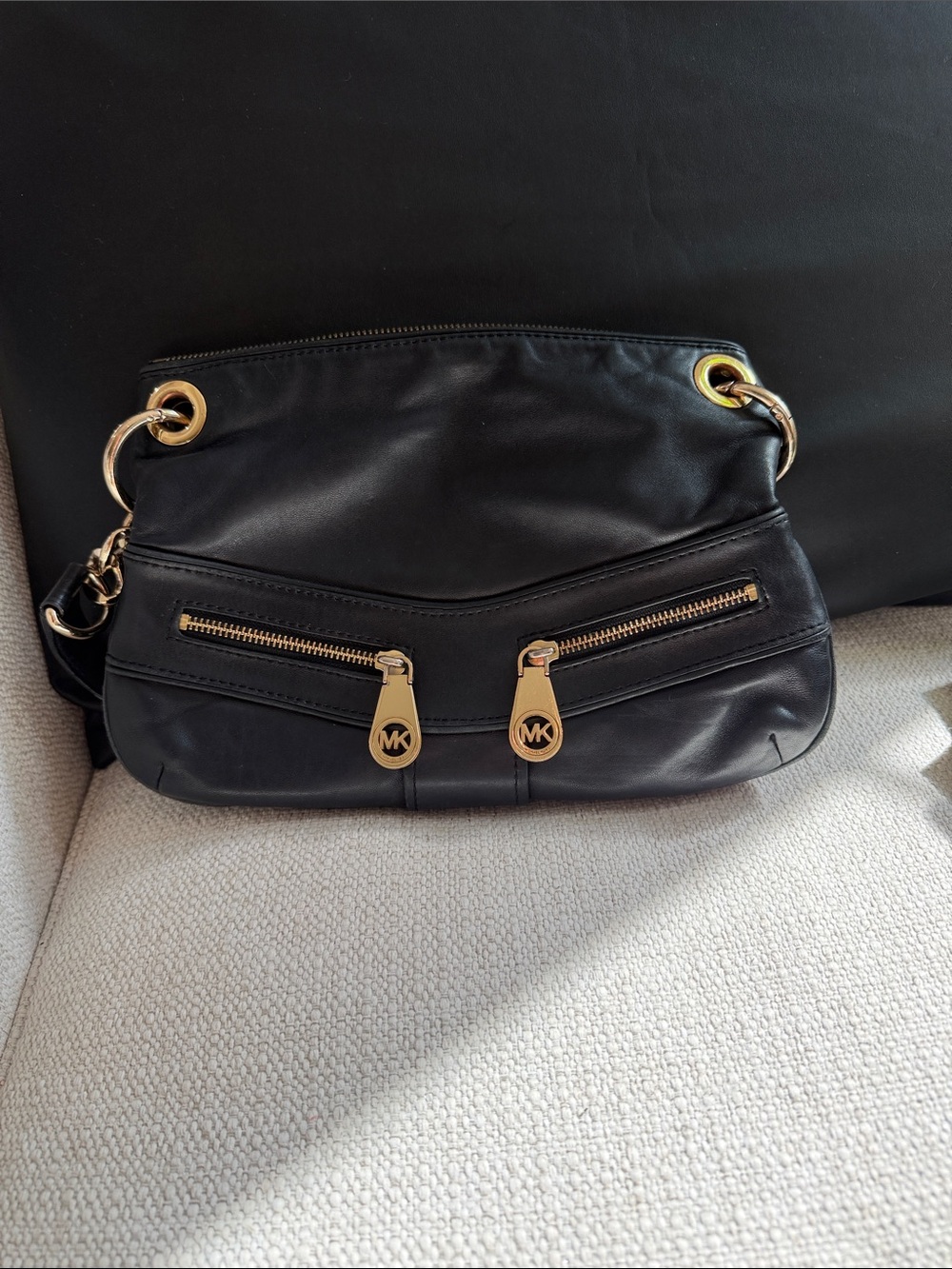 Michael Kors Black Leather Shoulder Bag with Gold Hardware